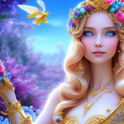 Beautyful smiling young woman, long hair amazing blue eyes, flowers, happy cosmic, bright colors, blue, pink, gold, jewels, realistic, photo real, clear sunny background, highly detailed, high contrast, 8k high definition, unreal engine 5, extremely sharp detail, light effect, sunny light background