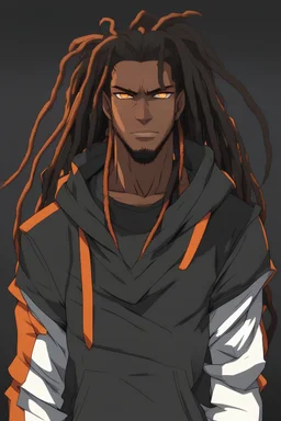 Black anime male, muscular body, think long dreads going down back, orange eyes, black and orange hoodie, black jeans, relaxed smile, hair faded around only sides of head.