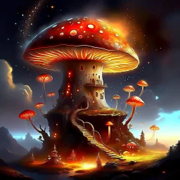 A fantabulous glowing, (((mushroom tower))) erected atop a (grassy cliff), surrounded with imaginative (((spiraling space))), contrasted by the stark hues of a (nebulous space scape), . captured by the hand a skilled master painter with a focus on (softly textured compositions and voluminous lighting).