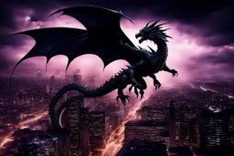 black dragon flying across the city at night dark fantasy lightening glowing eyes