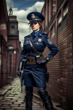 full body picture of a UK policewoman, steampunk city background