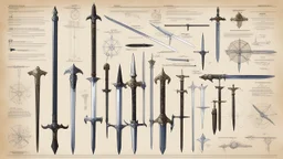 ConceptSheet blueprint [illustration by Angus McBride] timeline of swords Loadout Concept: glaive, zweihander sword, scimitar, broad sword, rapier, Claymore, Katana, Cutlass, Sabre, Jian, etc with their blueprint