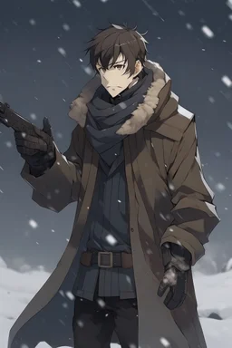 Man dressed in cold clothing, holding a Glock and pointing it forward, is alone in a cold place, in that place it is snowing, He wears a long black scarf and has short brown hair, anime style