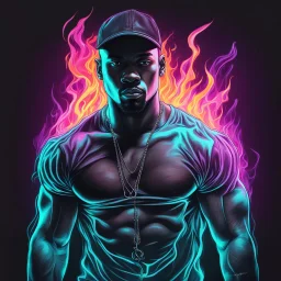 Hyper Realistic Flamed Sketch of Muscular Handsome Male Hip Hop Artist on a neon paper with dark futuristic background