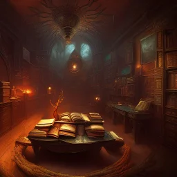 dark fantasy concept art, dynamic lighting, hyperdetailed, intricately detailed, Splash screen art, deep color, Unreal Engine, volumetric lighting, library, books, bookshelf, leather, wood,