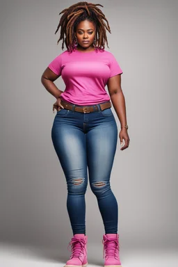 Create a watercolor image of a curvy black female wearing tight cut up jeans and a pink tshirt with timberland boots. Prominent make up with hazel eyes. Highly detail dread locs