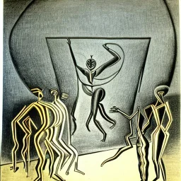 drawn in single line by Nicolai Blatter with hatch with parallel wavy lines metal engraving with african man dance procession in salvador dali style or picasso style