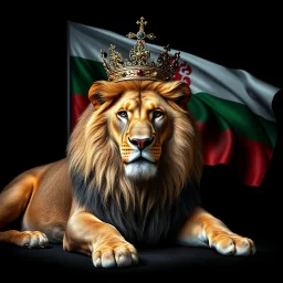 Create A hyper-realistic highly detailed image of a majestic lion lying down, wearing a royal crown. The lion's fur should be rich and textured, with a regal and powerful presence. Behind the lion, the flag of the Republic of Bulgaria waves gracefully, its white, green, and red colors vivid and well-defined. The background should be an elegant, deep black, creating a striking contrast that enhances the grandeur of the lion and the flag. The lighting should be dramatic, with