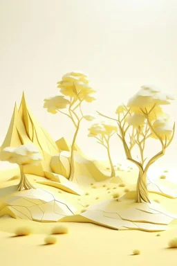 An ivory yellow arid desert with dry trees designed in Japanese origami painted by Zosan