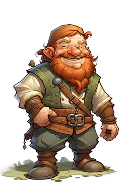 a happy male dwarf redhead farmer with a chinstrap beard, in overalls, dungeon and dragons, RPG