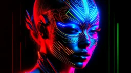 A digital illustration with a futuristic aesthetic, masks disguise you naked shadow, glowing with neon lights and intricate patterns