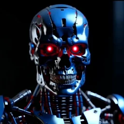 4K. REALISTIC FULL DETAILS. FULL RED BLUE AND WHITE LIGHTS. Crée le portrait d un robot terminator, en arriere plan un champ de bataille apocalyptique et une ville detruite