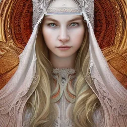 portrait,"Insanely detailed photograph of a beautiful nordic vestal priestess,gorgeous clean face,intricate mask, highly intricate dress,intricately designed colorful flowers in hair,elegant, highly detailed hair, digital painting, artstation, concept art, smooth, sharp focus, illustration, art by artgerm and greg rutkowski and alphonse mucha, 8 k,looking downward,album cover art,fantasy