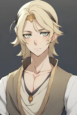 "Draw an Arab anime man character in the style of the anime 'Vanitas.' The character has blonde hair, fair skin, wears simple Arab clothing, has beautiful and lively features, and is slightly larger in size."