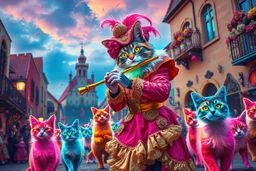 "The Feline Pied Piper of Hamelin, wearing an extravagant, flamboyant Renaissance costume in neon pinks, electric blues, gold and crimson, playing a glowing magical flute, leading a surreal parade of colorful, fantastical cats with glowing eyes and shimmering fur, dancing through vibrant Renaissance streets exploding with color, surreal skies, candy-colored buildings, confetti in the air, astonished townsfolk watching from wildly decorated balconies, ultra-saturated, psychedelic baroque style, e