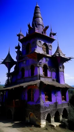 A purple Transylvanian vampire castle designed in Oaxacan alebrijes painted by Max Ernst
