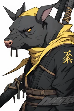 A half-body bald and fat pig with big nose, wearing a black ninja overcoat and yellow bandana on brow. Must