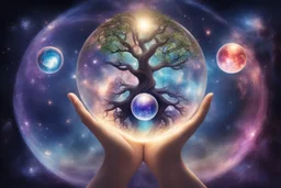 kundalini, connected to the universe, few colours of galaxy, holding galaxies in few hands in glass balls, I first ball ocena, second ball trees, third universe,