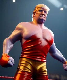 Donald trump wrestling fighter, naked torso, color breeches, suspenders, retro style, 80s, hot ambient, photo studio, red, gold, vibrant color, gradient, highly detailed, art stations, concept art, smooth, unreal engine 5, god rays, ray tracing, RTX, lumen lighting, ultra detail, volumetric lighting, 3d, finely drawn, high definition, high resolution.