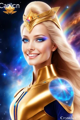 cosmic woman smile, admiral from the future, one fine whole face, crystalline skin, expressive blue eyes,rainbow, smiling lips, very nice smile, costume pleiadian, Beautiful tall woman pleiadian Galactic commander, ship, perfect datailed golden galactic suit, high rank, long blond hair, hand whit five perfect detailed finger, amazing big blue eyes, smilling mouth, high drfinition lips, cosmic happiness, bright colors, blue, pink, gold, jewels, realist, high,rainbow commander, intergalactic ufos