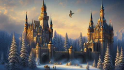 large castle in the snowy mountains