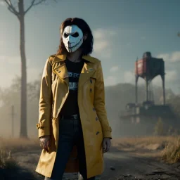 A badass Sofia Buttela wearing a scream mask, atmospheric, realistic, yellow leather trench coat, unreal engine, cinematic lighting, octane render.