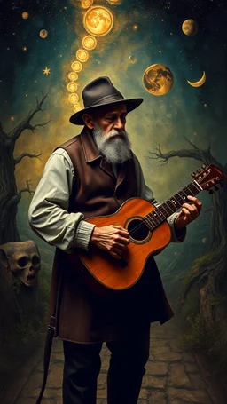 Hieronymus Bosch style , a old man holding his guitar in romantic trajectories, 4k