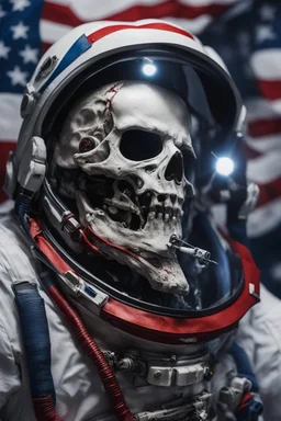 A close up of a skeleton face in an astronaut helmet and suit floating in space. inside the hollow eyes are red shining lights, scary. On his suit is an American flag and in his one hand is a small wavering American hand flag. From the back of his suit is blowing out blue, white and red smoke. Realistic, 8k, highly detailed, funny