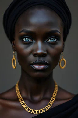 Portrait of a very black African woman with blue eyes dressed in pure black with a touch of gold necklace and earrings