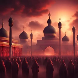 Hyper Realistic Karbala Ashura Procession Background at red cloudy sunset