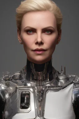 portrait full body, robot scifi with face charlize theron, cyberpunk, intricate, many lights in body, eyes lights, highly detailed, highli quality, 8k, volumetric lighting