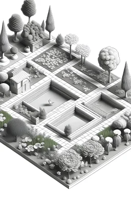 a garden in lenght view. 3d isometrique. draw in black and white. High details