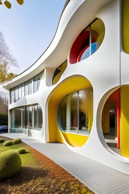 crear una fachada de un museo de educacion sensorial con curvas