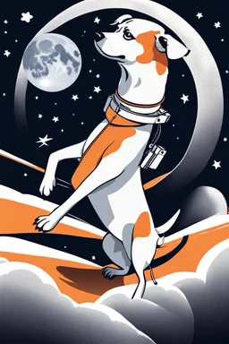 white and orange dog flies to the moon top of the a rocket