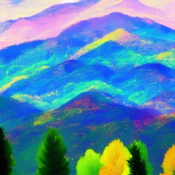 Layers of mountains and trees impressionist colorful