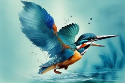 A beautiful kingfisher diving into water. Highly detailed, smooth colours, realistic landscape. Aquarell