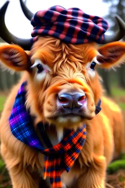 Generate a cute highland cow wearing a beret.