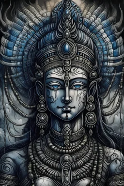 Parvati goddess, ancient psychedelic Indian traditional painting, dark very desaturated color scheme, in the style of Paulo Serpireri and HR Giger