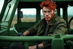 young rough and rugged male photorealistic red hair and green eyes smirking expression sitting in a jeep