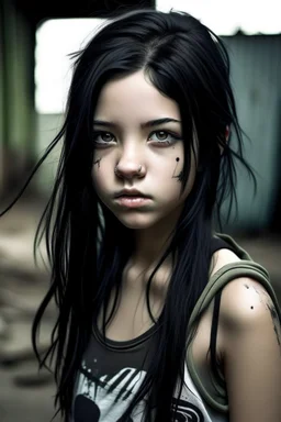 pretty girl, aged 15, black hair, dystopia, athletic, photo