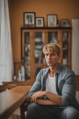 22-year-old male, incredible beauty, strong and tall body, short blond hair, with long bangs almost reaching the eyes, standing in the living room of his house tall and strong body, male face, sexy expression, smart, vivacious