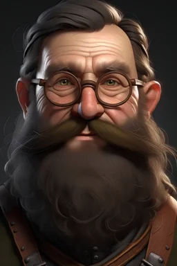 a realistic dwarf with glasses in his early forties