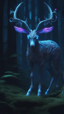 Dark forest, fantasy forest, gazelle with blue neon Crystal horns , intricate details, highly detailed, dreamshaper finetuned model with dynamic art style witg