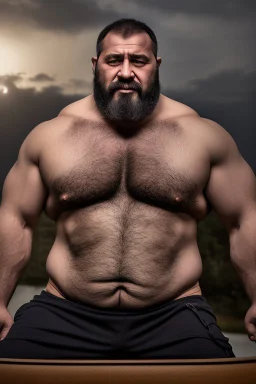 photography of two burly chubby strong turkish truck drivers 48 years old, shirtless with boxer ,bulge, manly chest, muscular, long beard, at midnight , sitting outside near his truck, open legs, dim lights, ambient occlusion, side light , photorealistic, view from the ground