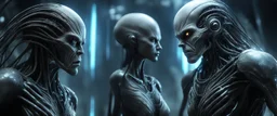 Close-up confrontation between an ancient alien outcast leader and a space broker, standing only a meter apart, intense eye contact, glowing crystalline rod between them, anger mixed with sadness, dramatic facial expressions, shallow depth of field, cinematic lighting, stylized 3D anime, airbrush painting, crisp outlines, hr giger and titian