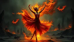 a stunning detalied surreal image where a dancer's dress transforms into fire, and tongues of flame, the background is the hell with demons, cracked and ruined nightly landscape, nightmare from the hell, dark siluettes, pale light, dark night, demons, crepy stunning image, masterpeace, thriller