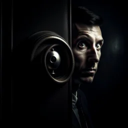 a man leaning against a keyhole, with a keyhole in his eye and a human eye in the keyhole, bizarre, surreal, darkmood