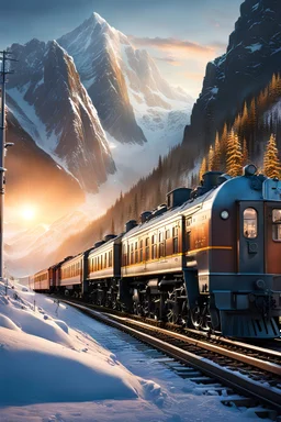 Robots, androids and humans waiting for polar express in the train station , frozen mountain at sunset in the background , natural colors, dynamic light and shadow, very detailed scene with intricate details, realistic, natural colors ,perfect composition, insanely detailed 32k artistic photography, photorealistic concept art, soft natural volumetric light