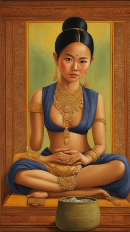 (((Nang Kwak))) is a Thai woman, beautiful face, wearing a loincloth. wear jewelry Hair styled in the traditional Dok Krathum style, sitting with a squat fold, left hand resting on the lap. There is a bag of money on the hand. Right hand raised in a calling gesture. Oil painting, realistic, wide angle