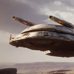 huge ornate spaceship made of brass flying through space, star wars